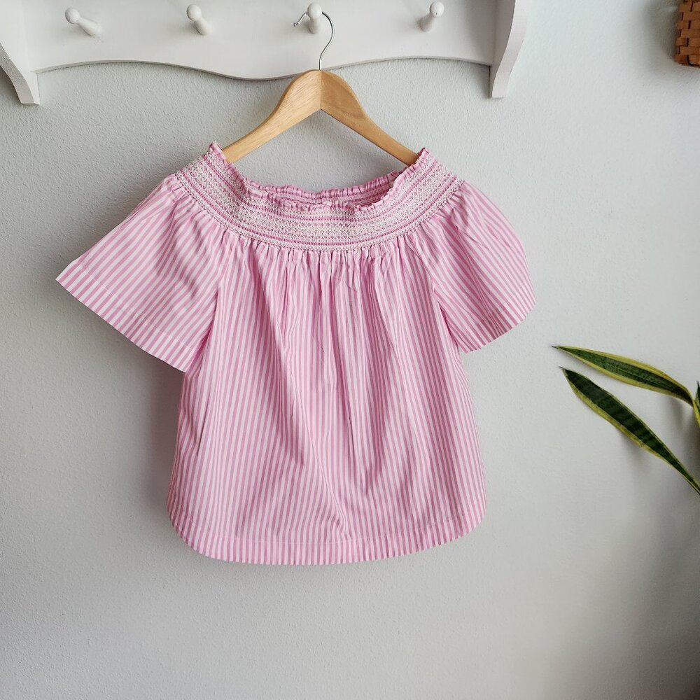 Vineyard Vines pink striped smocked off-shoulder cotton top